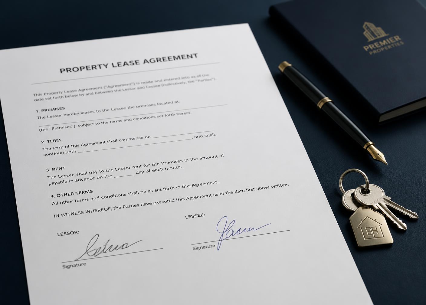 Contrat de location signé posé sur un bureau avec un stylo et des clés
