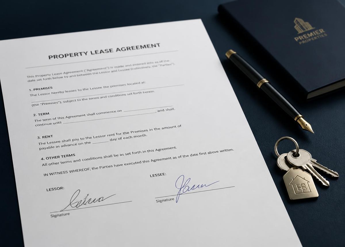 Contrat de location signé posé sur un bureau avec un stylo et des clés