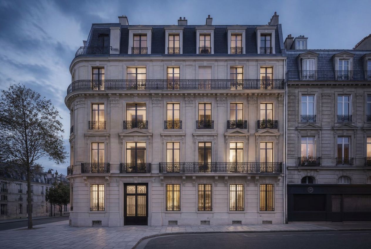 Façade d'un immeuble résidentiel élégant en fin de journée