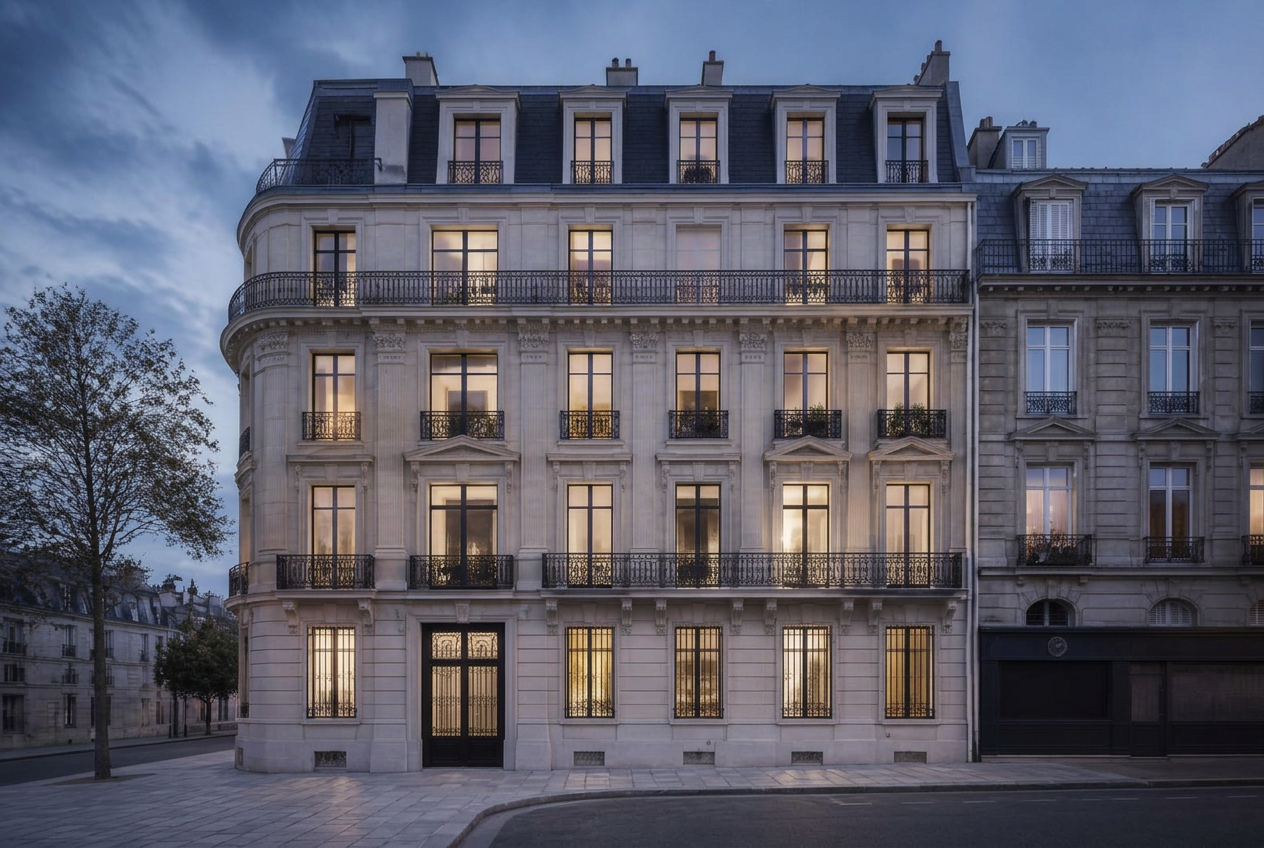 Façade d'un immeuble résidentiel élégant en fin de journée